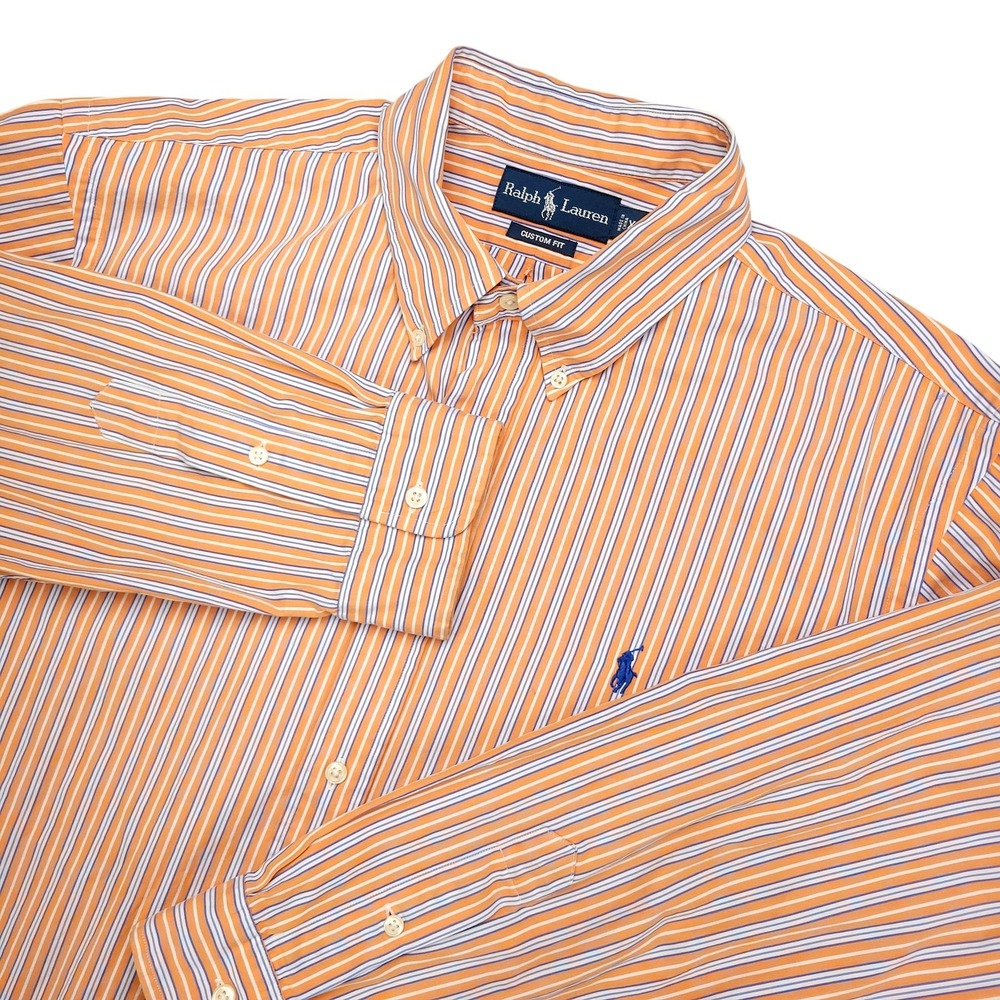 Ralph Lauren Shirt Mens 2XL Orange Blue Stripe Custom Long Sleeve Button Down